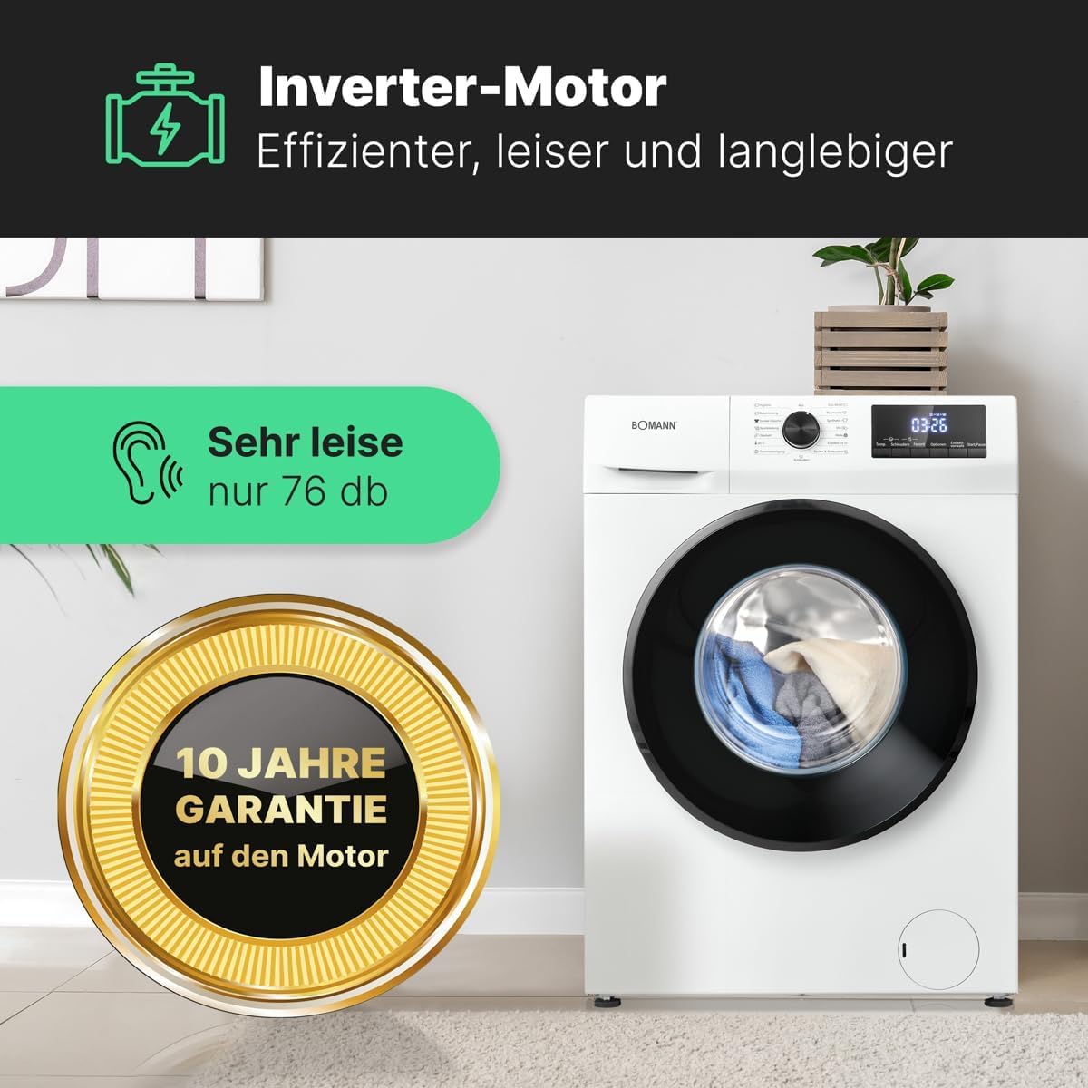 Bomann® Waschmaschine 7kg | max. 1400 U/min | 10 Jahre Motorgarantie | effizienter, leiser & langlebiger Invertermotor