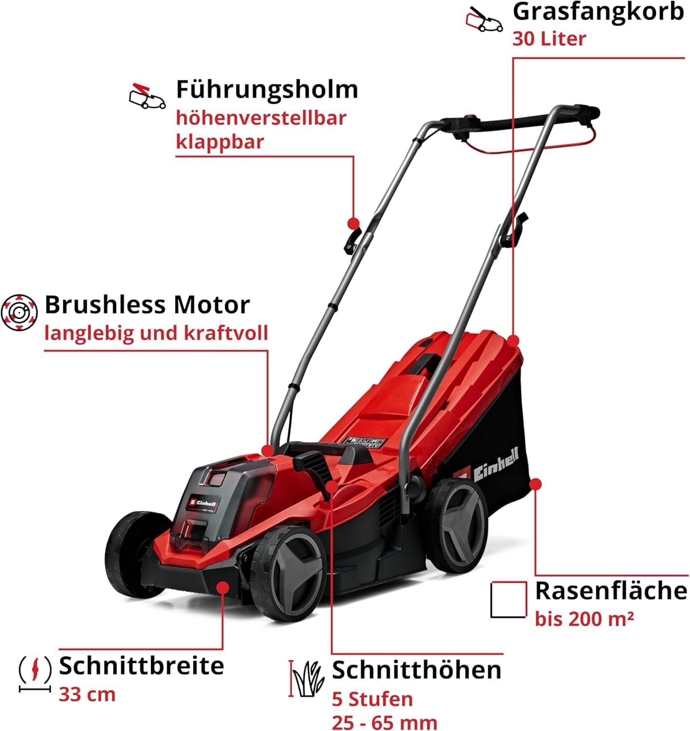 Einhell GE-CM 18/33 Li Akku-Rasenmäher – 18V, 33 cm, Brushless, bis 200 m², 30L Fangkorb, inkl. Akku & Ladegerät