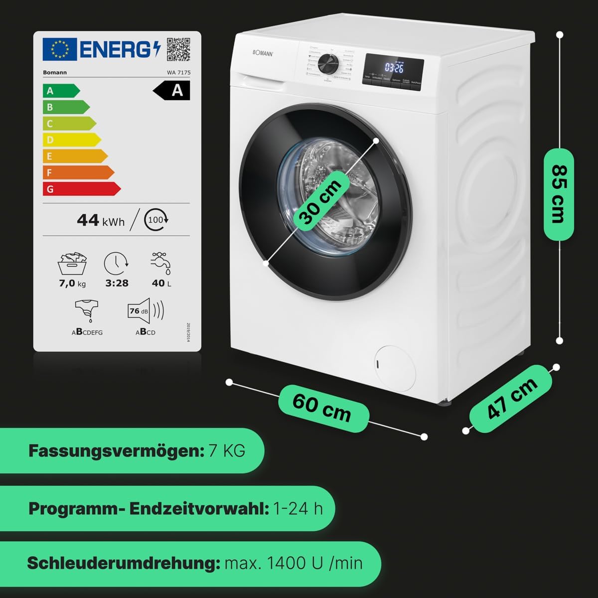 Bomann® Waschmaschine 7kg | max. 1400 U/min | 10 Jahre Motorgarantie | effizienter, leiser & langlebiger Invertermotor