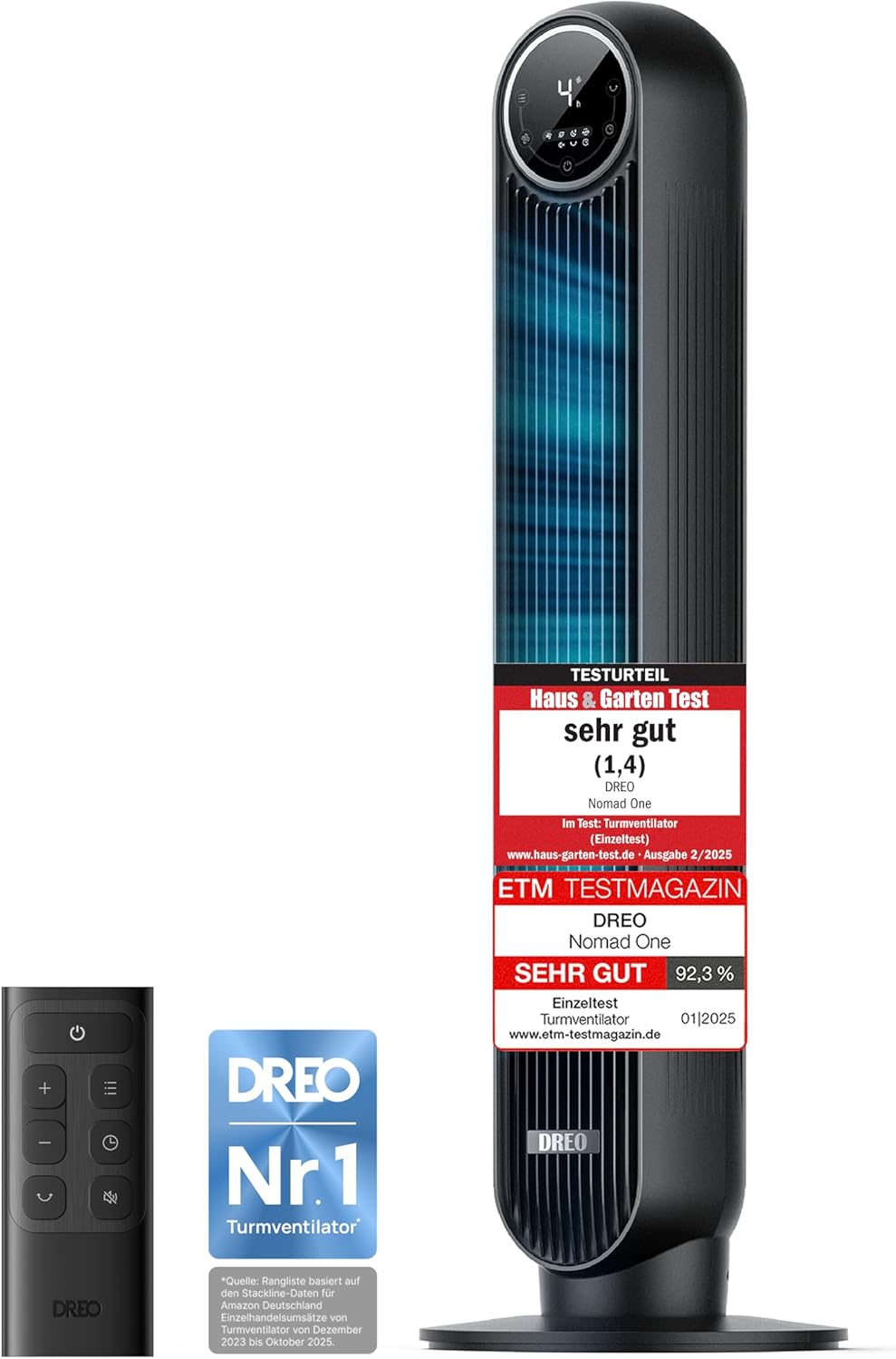 Dreo Turmventilator Leise 20dB – 10m Luftstrom, 4 Stufen, 90° Oszillierend, mit Fernbedienung & Timer