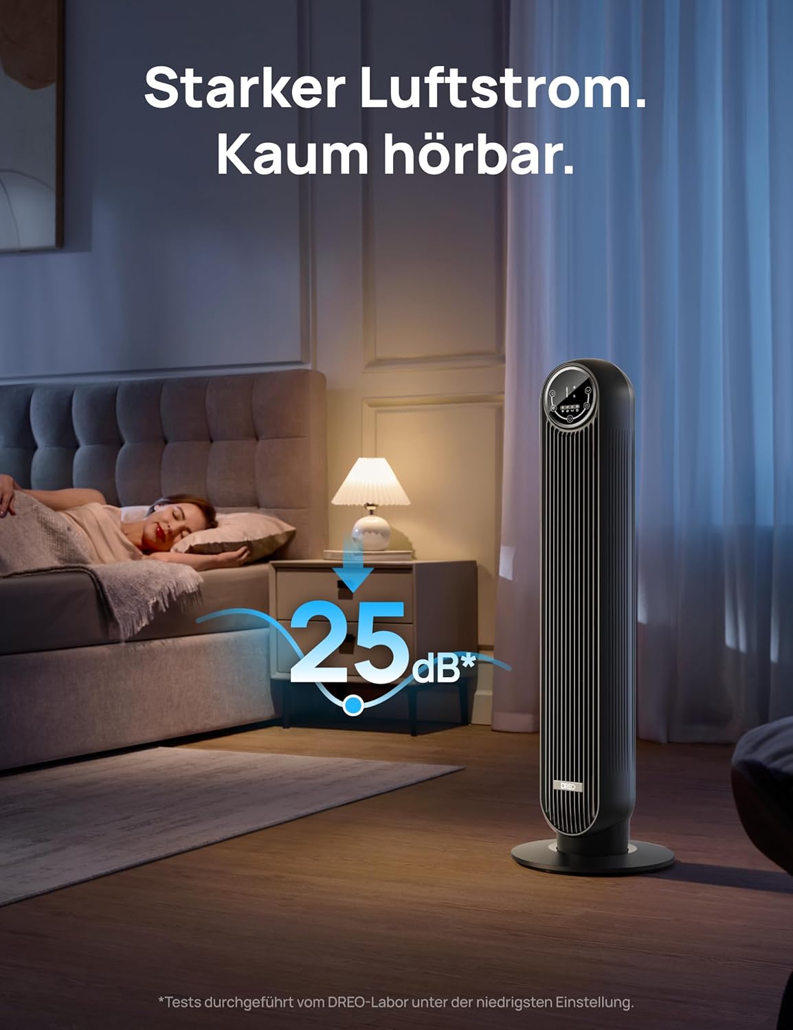 Dreo Turmventilator Leise 20dB – 10m Luftstrom, 4 Stufen, 90° Oszillierend, mit Fernbedienung & Timer