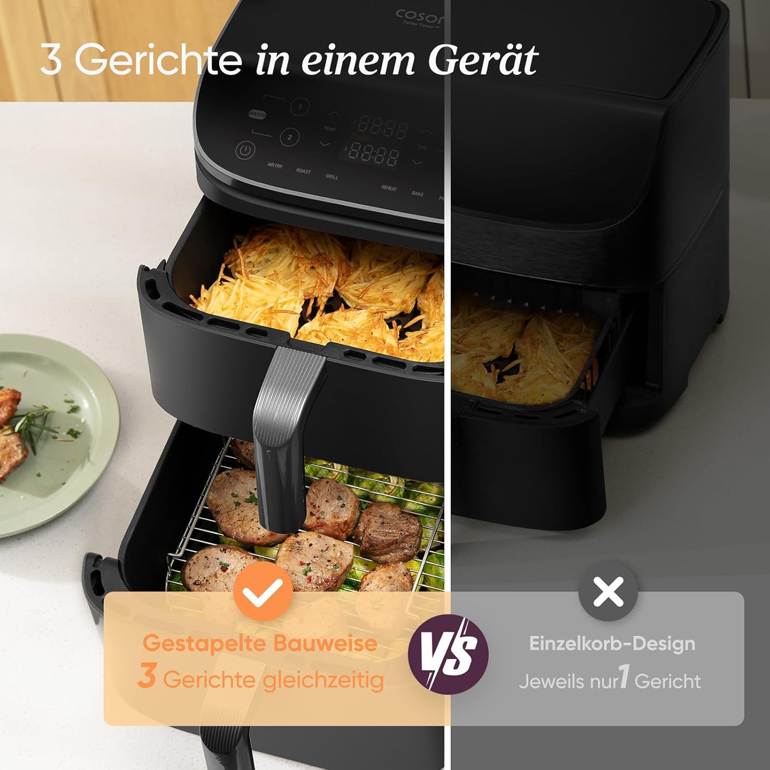 COSORI Dual Airfryer Heißluftfritteuse 10,8L – 2 Kammern, Mehrfach-Luftgeschwindigkeit, Edelstahl-Rost, Silbergrau