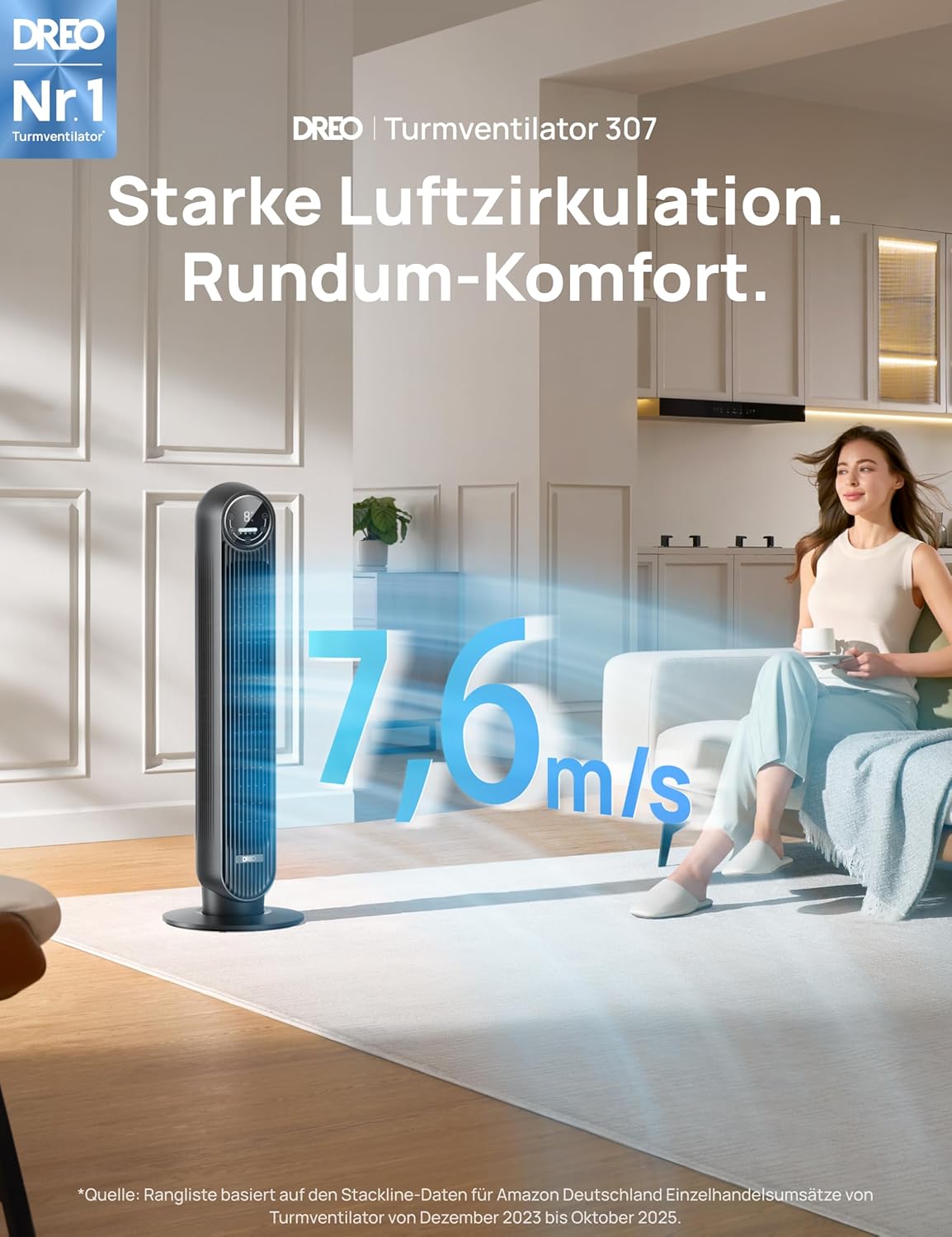 Dreo Turmventilator Leise 20dB – 10m Luftstrom, 4 Stufen, 90° Oszillierend, mit Fernbedienung & Timer