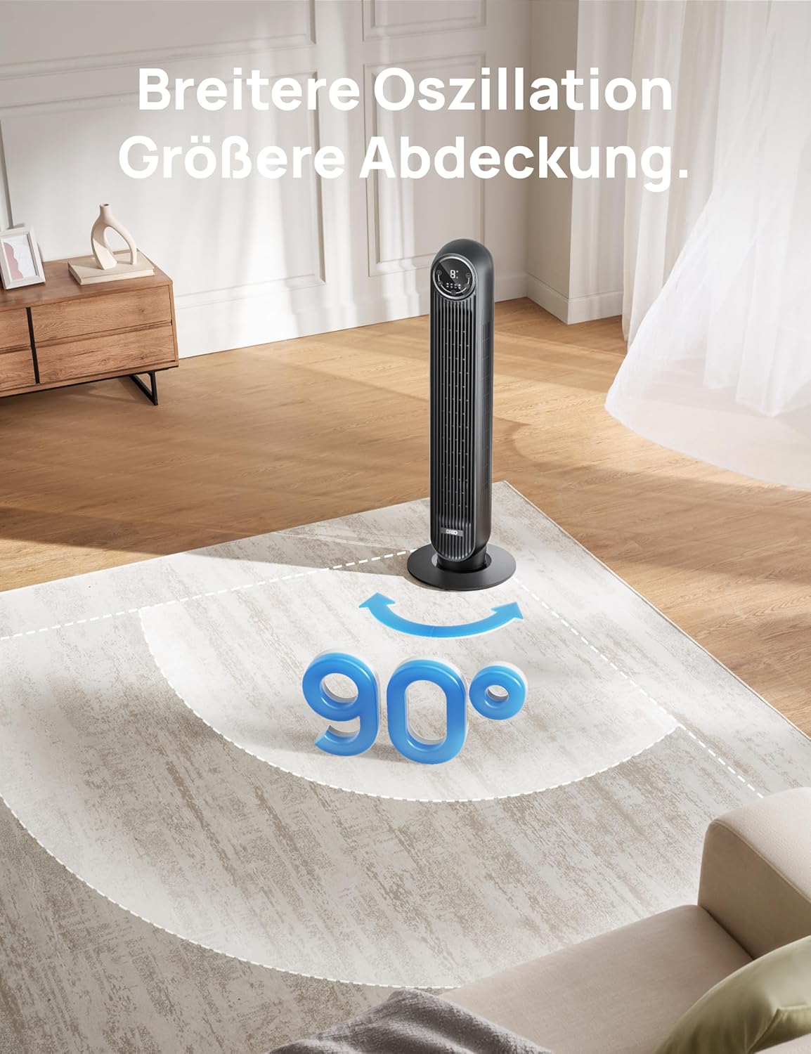Dreo Turmventilator Leise 20dB – 10m Luftstrom, 4 Stufen, 90° Oszillierend, mit Fernbedienung & Timer